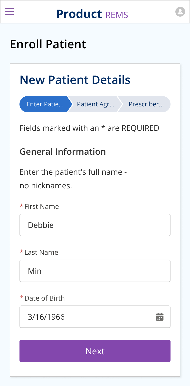 Patient Enrollment Form Wizard Mobile Screen